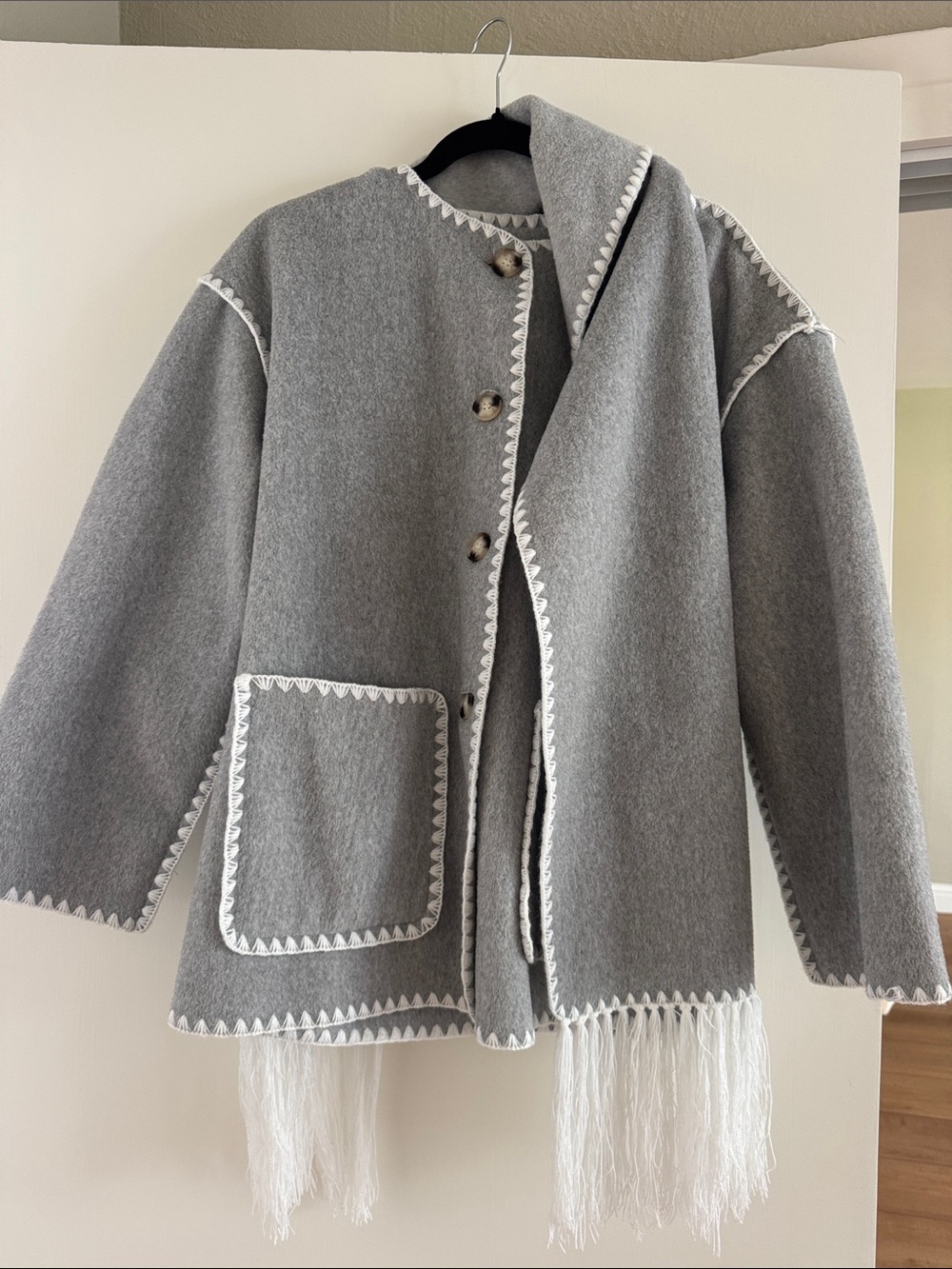 Wool Blend Gray Fringe Trim Jacket with Contrast Stitching